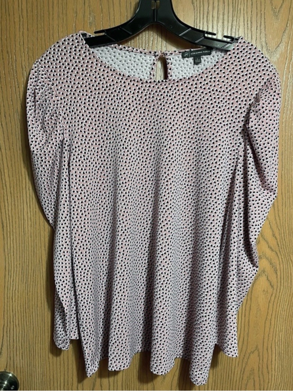 Adrianna Papell Pink and Black Hearts Puff Sleeve Blouse